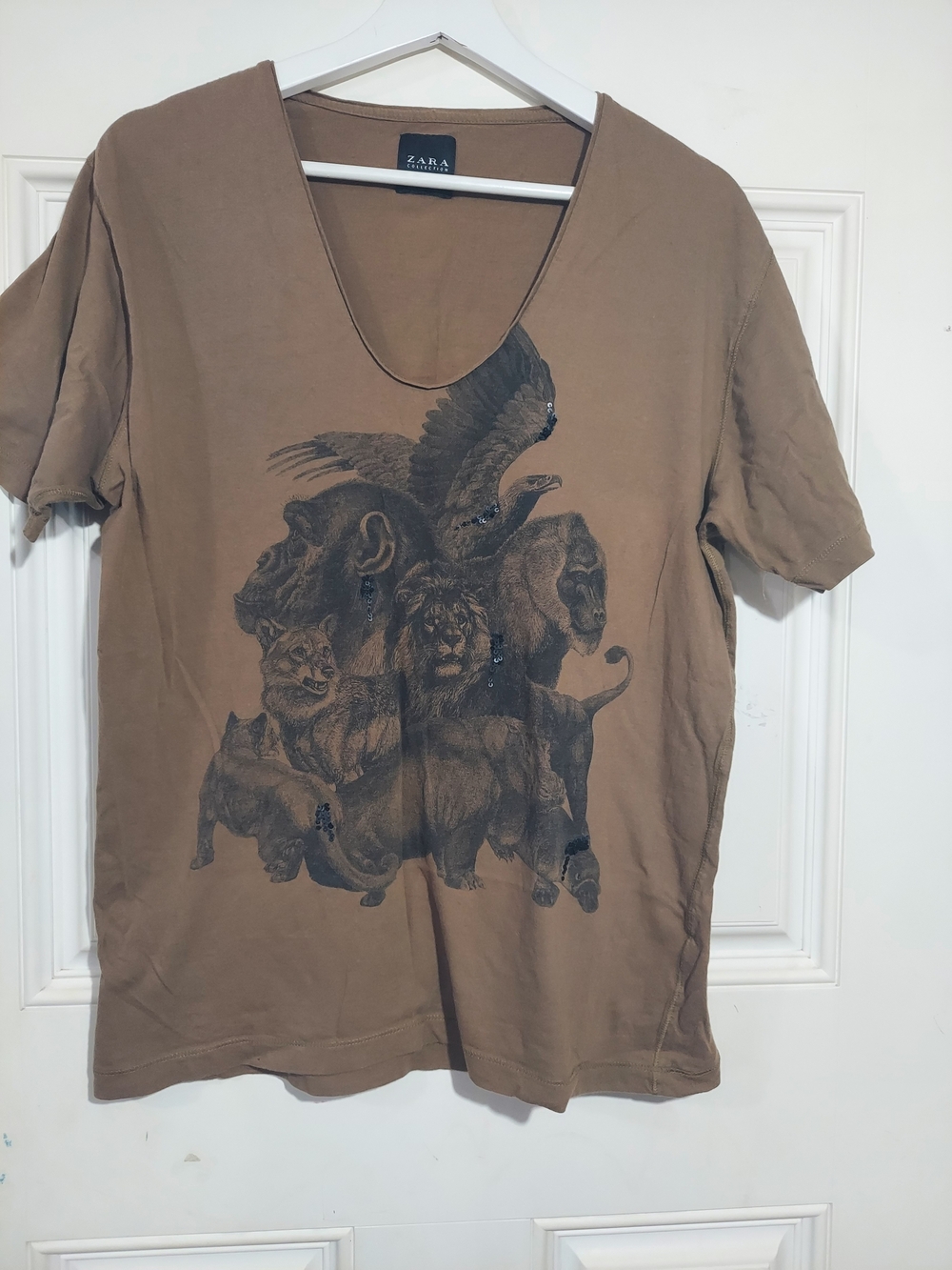 Zara Collection Grunge Animal Collage Matte Sequin Detail Grapgic Tee Size Large